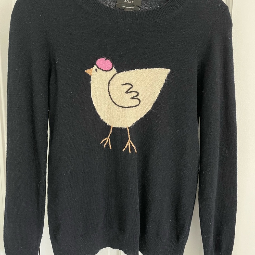 J. Crew Black Sweater with Cream Chicken and Pink Details